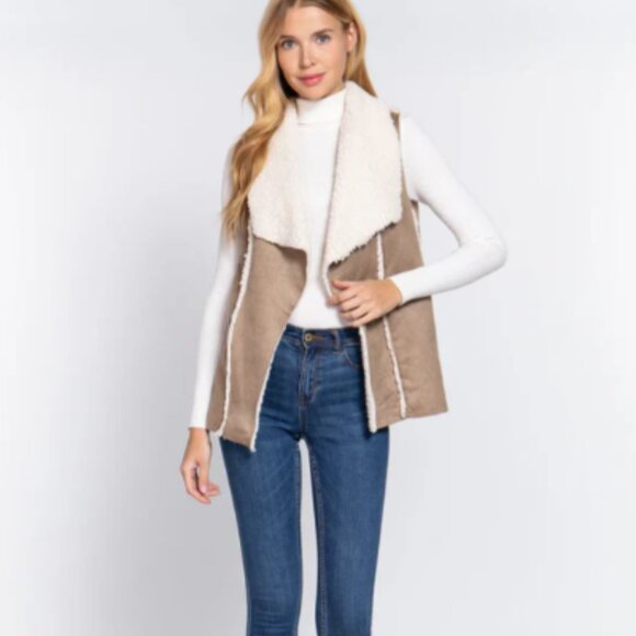 Faux Fur Vest Sherpa Tan Cream Open Front Design Lab Lord & Taylor Size XS - Picture 1 of 12
